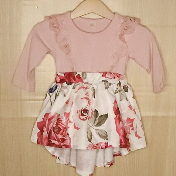 Other - Baby Girls Pink Floral Mixed Material Dress 7-12 Months